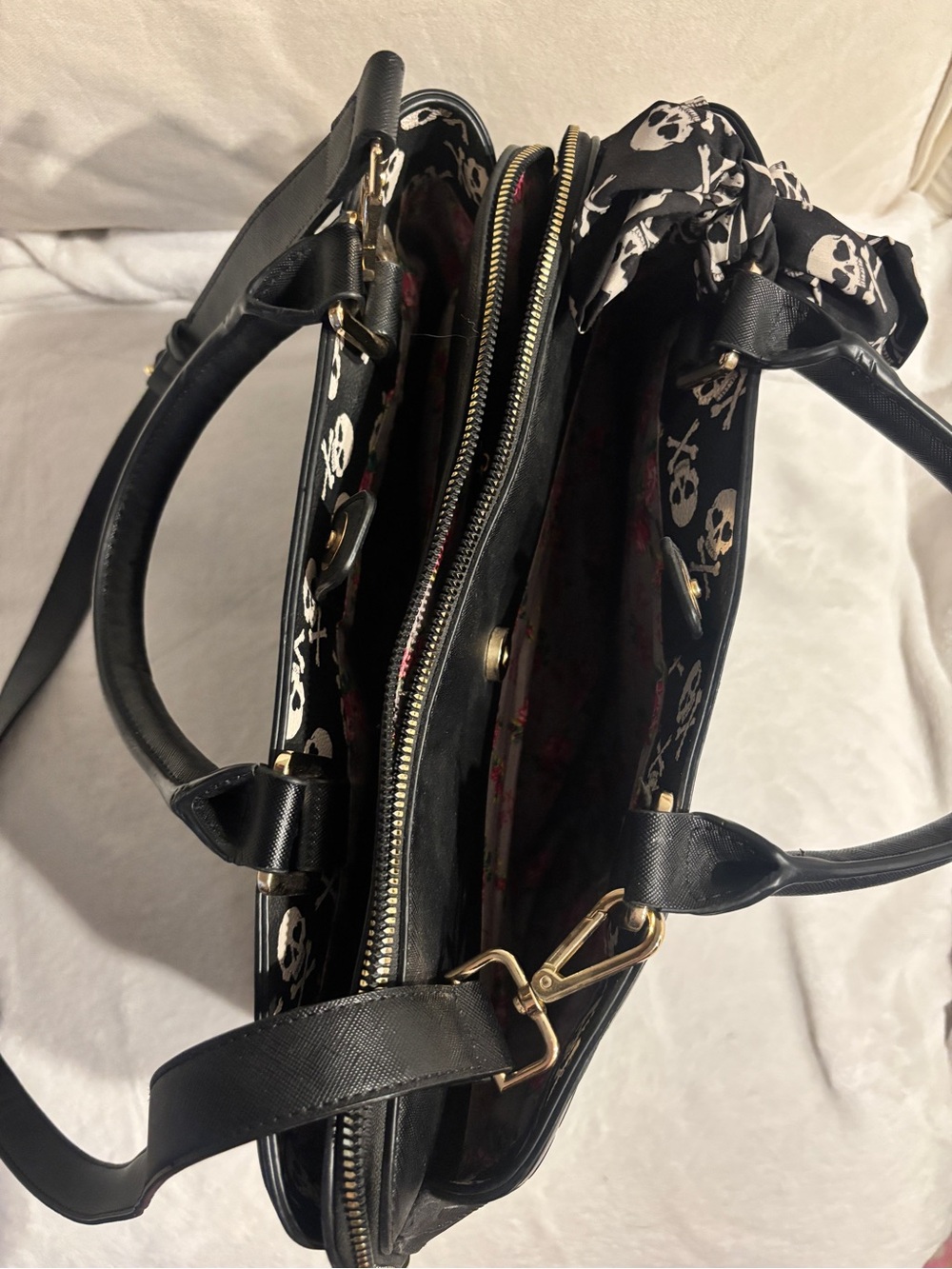 Betsey Johnson Black Skull-Embossed Satchel with Skull Scarf - Picture 3 of 4